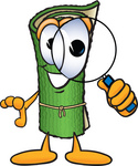Clip Art Graphic of a Rolled Green Carpet Cartoon Character Looking Through a Magnifying Glass