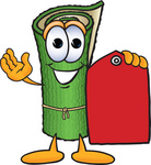 Clip Art Graphic of a Rolled Green Carpet Cartoon Character Holding a Red Sales Price Tag