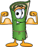 Clip Art Graphic of a Rolled Green Carpet Cartoon Character Flexing His Arm Muscles