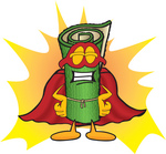 Clip Art Graphic of a Rolled Green Carpet Cartoon Character Dressed as a Super Hero
