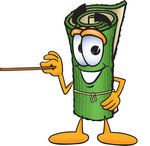 Clip Art Graphic of a Rolled Green Carpet Cartoon Character Holding a Pointer Stick