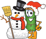 Clip Art Graphic of a Rolled Green Carpet Cartoon Character With a Snowman on Christmas