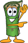 Clip Art Graphic of a Rolled Green Carpet Cartoon Character Waving and Pointing