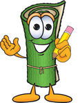 Clip Art Graphic of a Rolled Green Carpet Cartoon Character Holding a Pencil