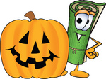 Clip Art Graphic of a Rolled Green Carpet Cartoon Character With a Carved Halloween Pumpkin