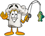 Clip Art Graphic of a White Chefs Hat Cartoon Character Holding a Fish on a Fishing Pole