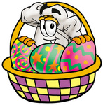 Clip Art Graphic of a White Chefs Hat Cartoon Character in an Easter Basket Full of Decorated Easter Eggs