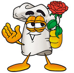Clip Art Graphic of a White Chefs Hat Cartoon Character Holding a Red Rose on Valentines Day