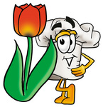 Clip Art Graphic of a White Chefs Hat Cartoon Character With a Red Tulip Flower in the Spring