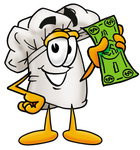 Clip Art Graphic of a White Chefs Hat Cartoon Character Holding a Dollar Bill