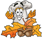 Clip Art Graphic of a White Chefs Hat Cartoon Character With Autumn Leaves and Acorns in the Fall