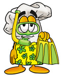 Clip Art Graphic of a White Chefs Hat Cartoon Character in Green and Yellow Snorkel Gear