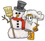Clip Art Graphic of a White Chefs Hat Cartoon Character With a Snowman on Christmas