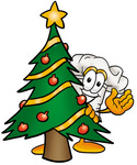 Clip Art Graphic of a White Chefs Hat Cartoon Character Waving and Standing by a Decorated Christmas Tree