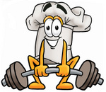 Clip Art Graphic of a White Chefs Hat Cartoon Character Lifting a Heavy Barbell