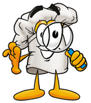 Clip Art Graphic of a White Chefs Hat Cartoon Character Looking Through a Magnifying Glass