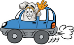 Clip Art Graphic of a White Chefs Hat Cartoon Character Driving a Blue Car and Waving