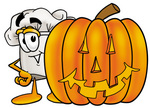 Clip Art Graphic of a White Chefs Hat Cartoon Character With a Carved Halloween Pumpkin