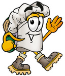 Clip Art Graphic of a White Chefs Hat Cartoon Character Hiking and Carrying a Backpack