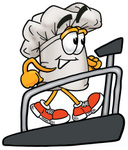 Clip Art Graphic of a White Chefs Hat Cartoon Character Walking on a Treadmill in a Fitness Gym