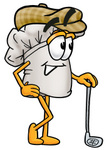 Clip Art Graphic of a White Chefs Hat Cartoon Character Leaning on a Golf Club While Golfing