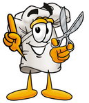 Clip Art Graphic of a White Chefs Hat Cartoon Character Holding a Pair of Scissors