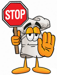 Clip Art Graphic of a White Chefs Hat Cartoon Character Holding a Stop Sign