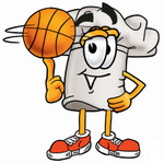 Clip Art Graphic of a White Chefs Hat Cartoon Character Spinning a Basketball on His Finger
