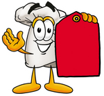 Clip Art Graphic of a White Chefs Hat Cartoon Character Holding a Red Sales Price Tag