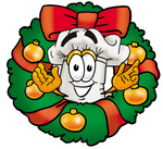 Clip Art Graphic of a White Chefs Hat Cartoon Character in the Center of a Christmas Wreath