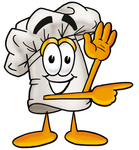 Clip Art Graphic of a White Chefs Hat Cartoon Character Waving and Pointing