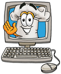 Clip Art Graphic of a White Chefs Hat Cartoon Character Waving From Inside a Computer Screen