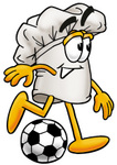 Clip Art Graphic of a White Chefs Hat Cartoon Character Kicking a Soccer Ball