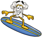 Clip Art Graphic of a White Chefs Hat Cartoon Character Surfing on a Blue and Yellow Surfboard