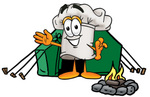 Clip Art Graphic of a White Chefs Hat Cartoon Character Camping With a Tent and Fire