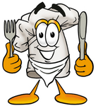 Clip Art Graphic of a White Chefs Hat Cartoon Character Holding a Knife and Fork