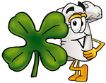 Clip Art Graphic of a White Chefs Hat Cartoon Character With a Green Four Leaf Clover on St Paddy’s or St Patricks Day