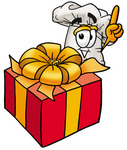 Clip Art Graphic of a White Chefs Hat Cartoon Character Standing by a Christmas Present