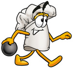 Clip Art Graphic of a White Chefs Hat Cartoon Character Holding a Bowling Ball