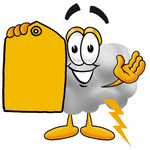 Clip Art Graphic of a Puffy White Cumulus Cloud Cartoon Character Holding a Yellow Sales Price Tag