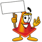 Clip Art Graphic of a Construction Traffic Cone Cartoon Character Holding a Blank Sign