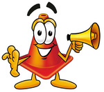 Clip Art Graphic of a Construction Traffic Cone Cartoon Character Holding a Megaphone