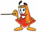 Clip Art Graphic of a Construction Traffic Cone Cartoon Character Holding a Pointer Stick