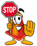 Clip Art Graphic of a Construction Traffic Cone Cartoon Character Holding a Stop Sign