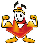 Clip Art Graphic of a Construction Traffic Cone Cartoon Character Flexing His Arm Muscles
