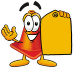 Clip Art Graphic of a Construction Traffic Cone Cartoon Character Holding a Yellow Sales Price Tag