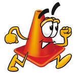 Clip Art Graphic of a Construction Traffic Cone Cartoon Character Running