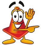 Clip Art Graphic of a Construction Traffic Cone Cartoon Character Waving and Pointing