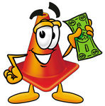 Clip Art Graphic of a Construction Traffic Cone Cartoon Character Holding a Dollar Bill