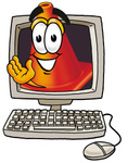 Clip Art Graphic of a Construction Traffic Cone Cartoon Character Waving From Inside a Computer Screen